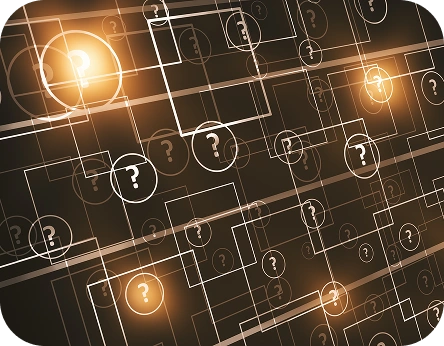 Abstract digitaal ontwerp met oplichtende vraagtekens in cirkels, verbonden door witte lijnen en rechthoeken op een donkere achtergrond, waardoor een mysterieuze sfeer ontstaat.