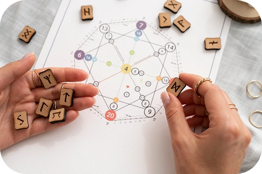 Handen die houten runentegels boven een kleurrijke Enneagramkaart houden, wat duidt op waarzeggerij of zelfontdekking. Ringen en een rustige sfeer versterken de mystieke sfeer.